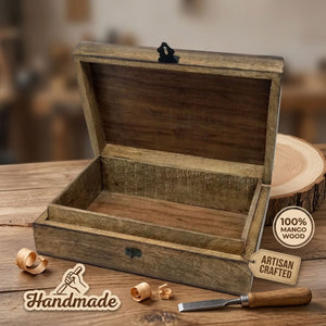 Wooden jewelry box with tools on a wooden surface, featuring 'Handmade' and 'Artisan Crafted' labels.