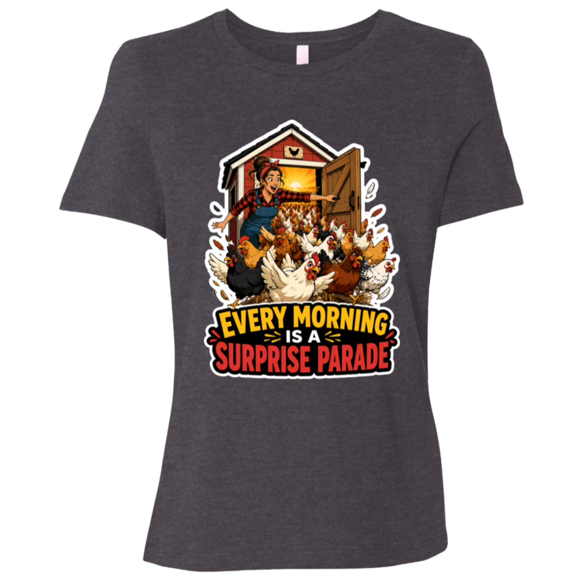Happy chickens morning farm scene shirt for women