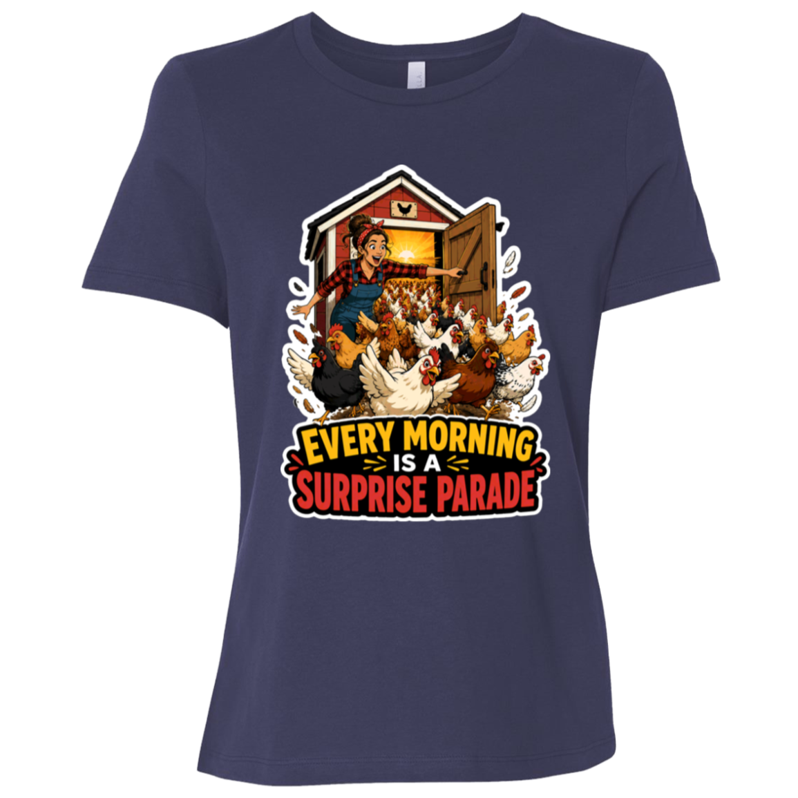 Chicken coop farm scene t-shirt with cheerful rural design