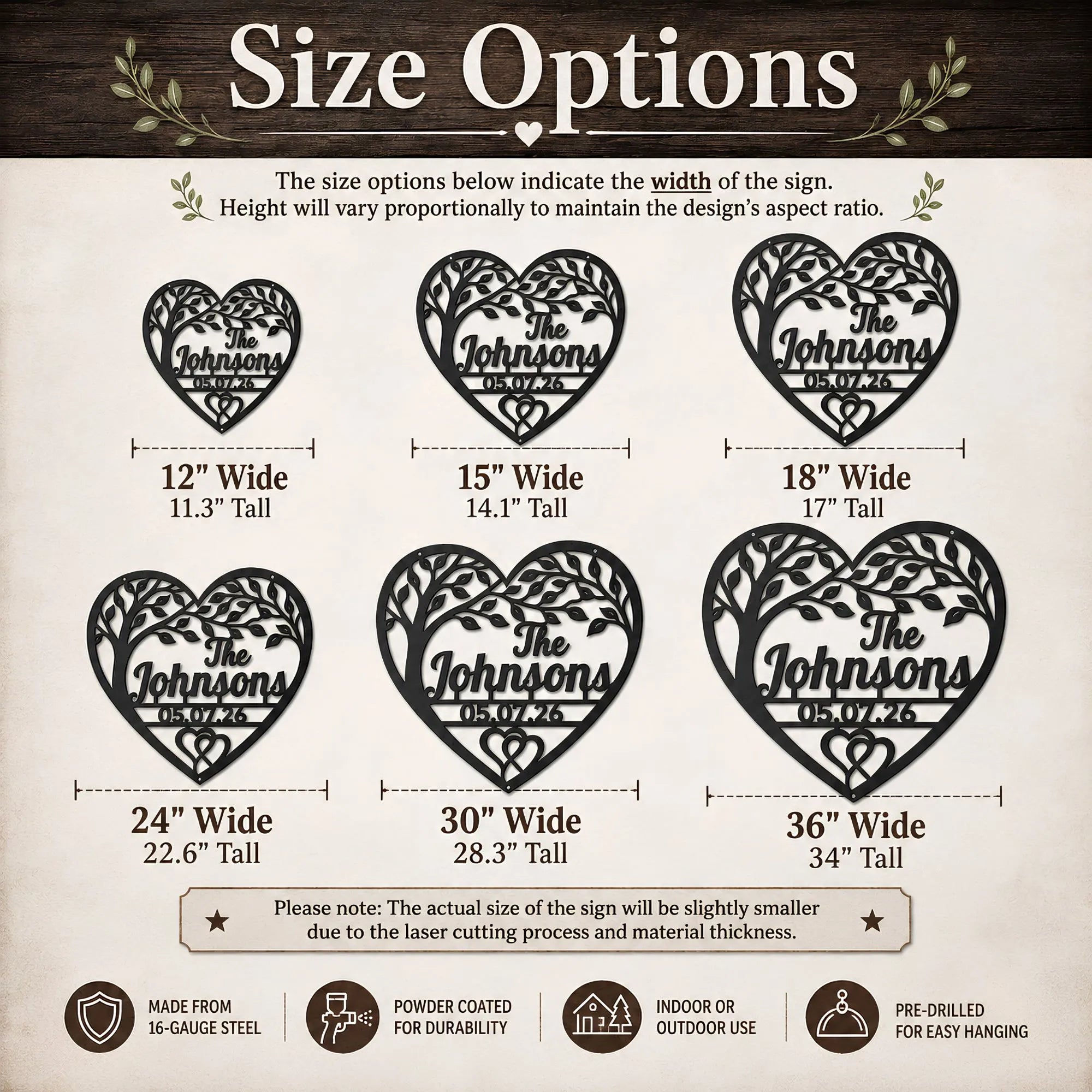 A size options chart for a heart-shaped laser cut sign featuring a tree design and customizable text. The chart shows six different sign sizes ranging from 12" wide to 36" wide, with dimensions listed below each size.