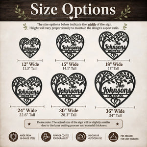 A size options chart for a heart-shaped laser cut sign featuring a tree design and customizable text. The chart shows six different sign sizes ranging from 12" wide to 36" wide, with dimensions listed below each size.