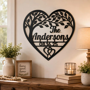 Metal Tree Wall Art Custom Family Name Design Personalized Heart Frame With Tree Branches Elegant Anniversary Gift Home Living Room Wall Decoration Custom Date Engraving Beautiful Metal Art Piece Meaningful Family Gift Idea Unique Heirloom