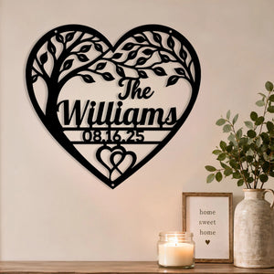 Custom Family Name Wall Art Metal Tree Design Heart Shaped Frame Personalized Anniversary Gift Elegant Home Living Space Decoration Metal Wall Art Piece Custom Engraved Family Name Beautiful Tree Branch Design Meaningful Gift For Parents