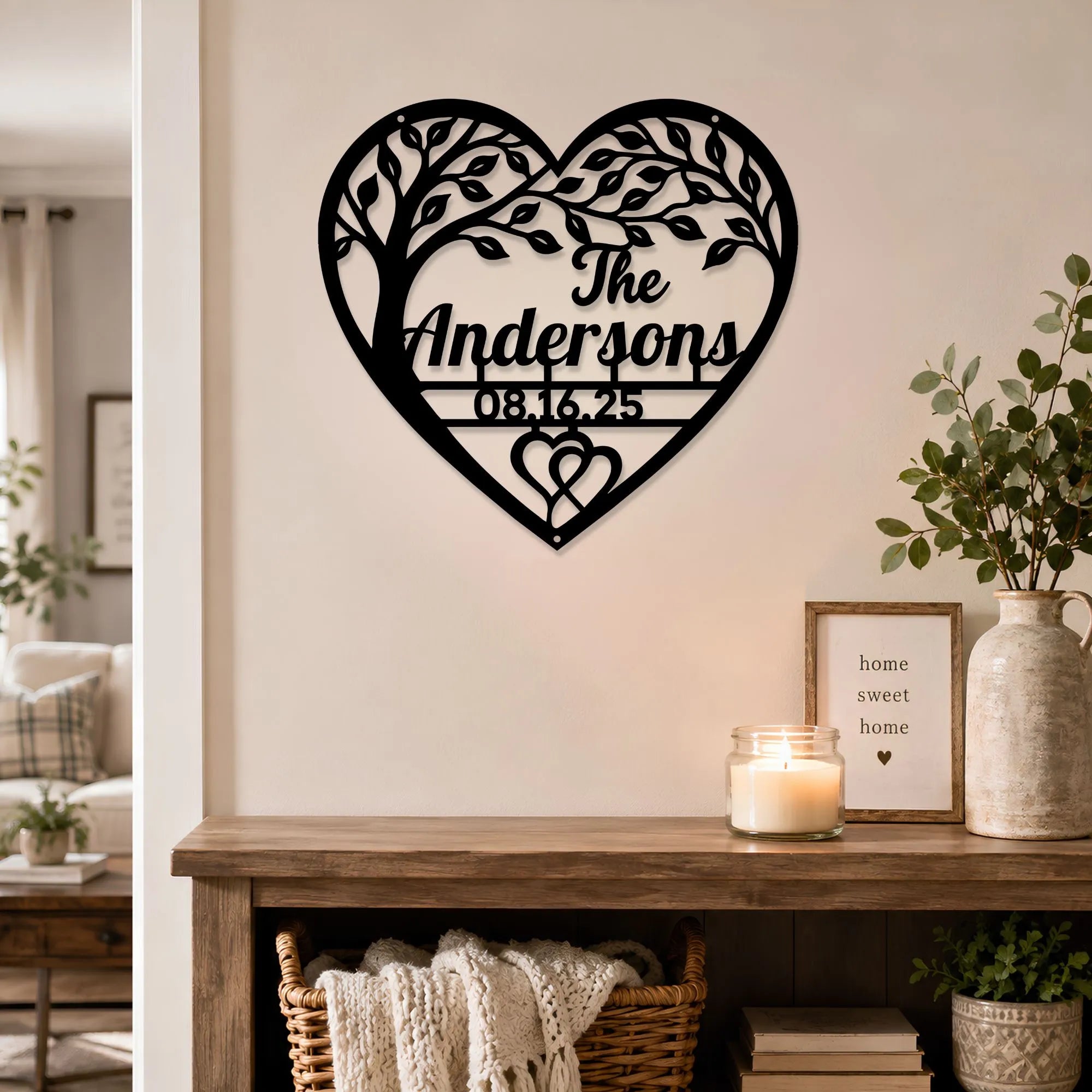 Family Tree Metal Art Personalized Name And Date Custom Heart Design Wall Decoration Elegant Home Living Space Accent Metal Wall Art Piece Beautiful Tree Branch Pattern Meaningful Anniversary Gift Heirloom Quality Craftsmanship Unique