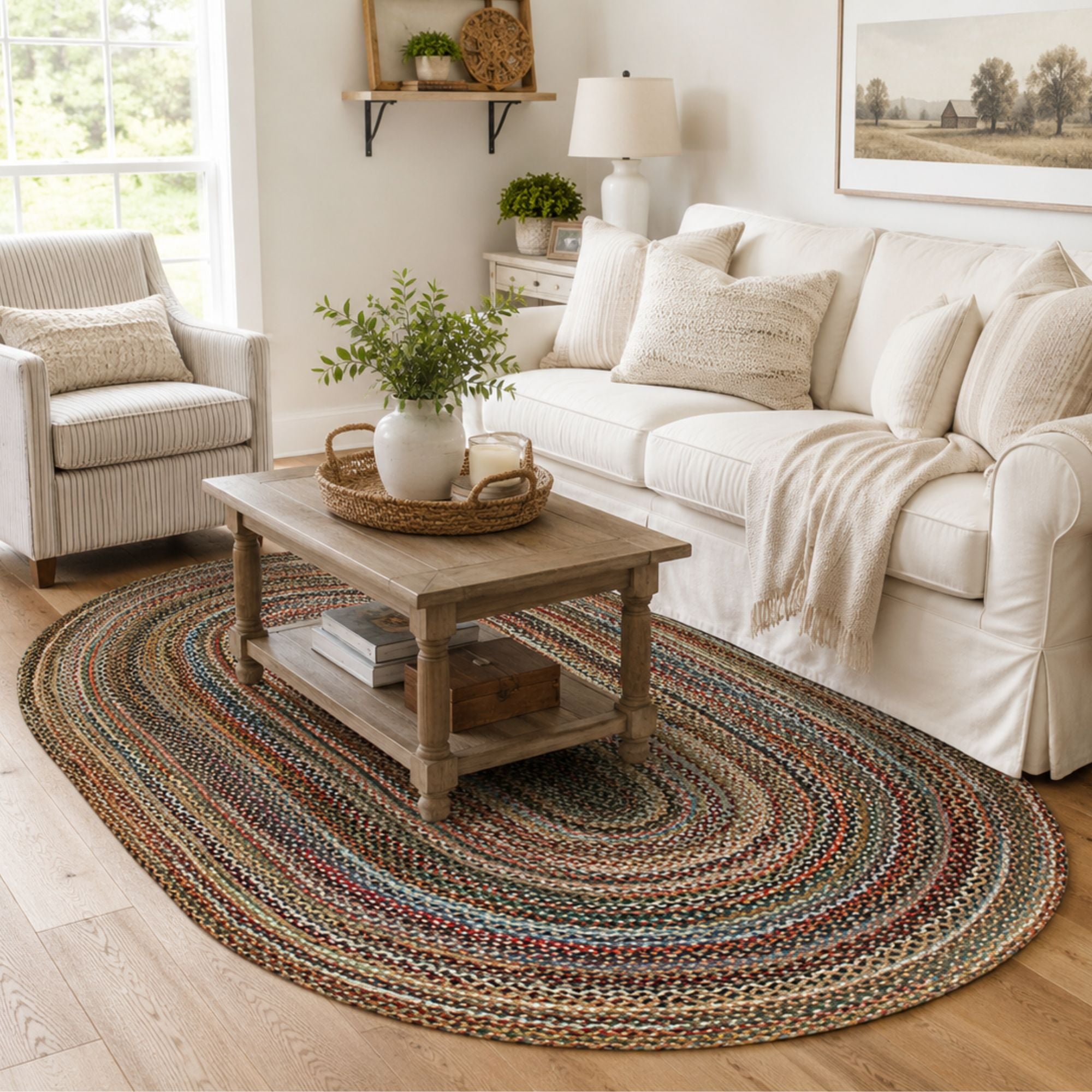 5 x 8 foot multicolor braided oval rug in a bright farmhouse living room with a white sofa, neutral armchair, rustic wood coffee table, and warm wood flooring.