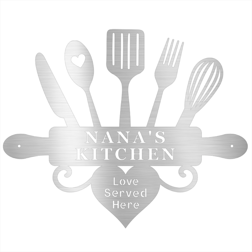 Decorative sign with kitchen utensils and 'Nana's Kitchen' text on a white background