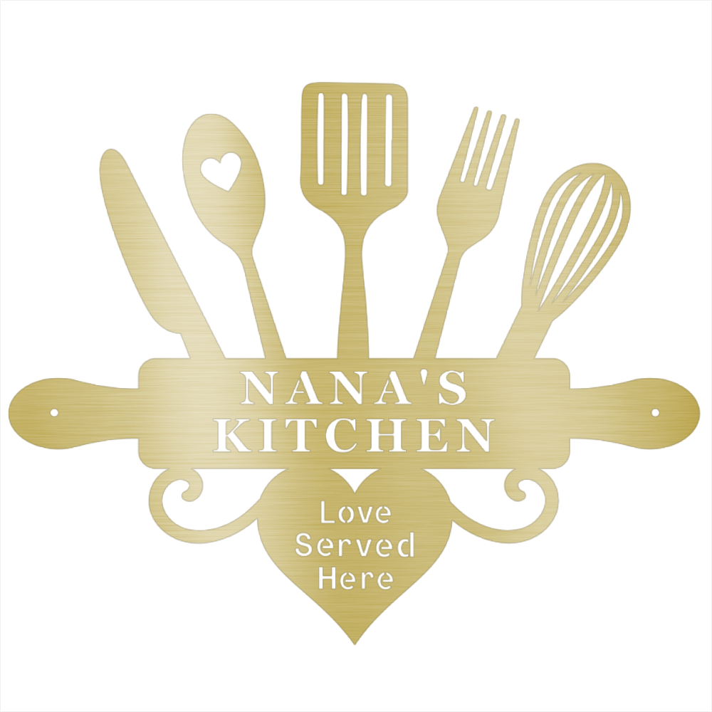 Decorative sign with kitchen utensils and 'Nana's Kitchen' text on a black background