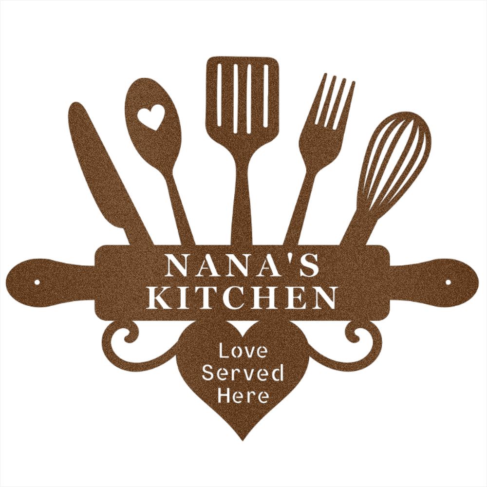 Decorative sign with kitchen utensils and 'Nana's Kitchen' text on a black background