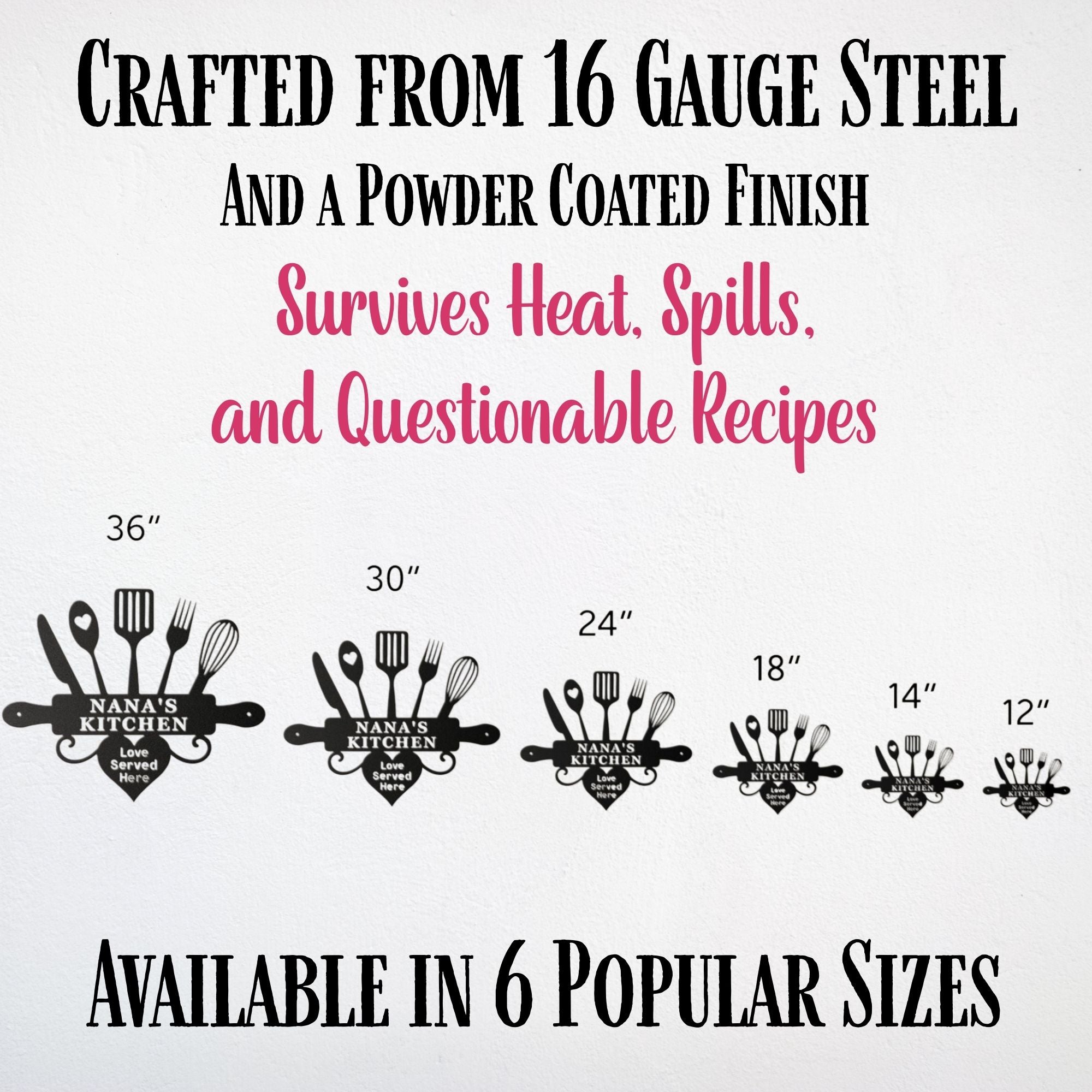Promotional graphic for kitchen utensils with size chart and text about material and durability.