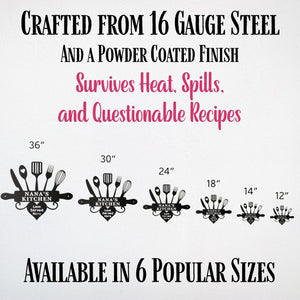Promotional graphic for kitchen utensils with size chart and text about material and durability.