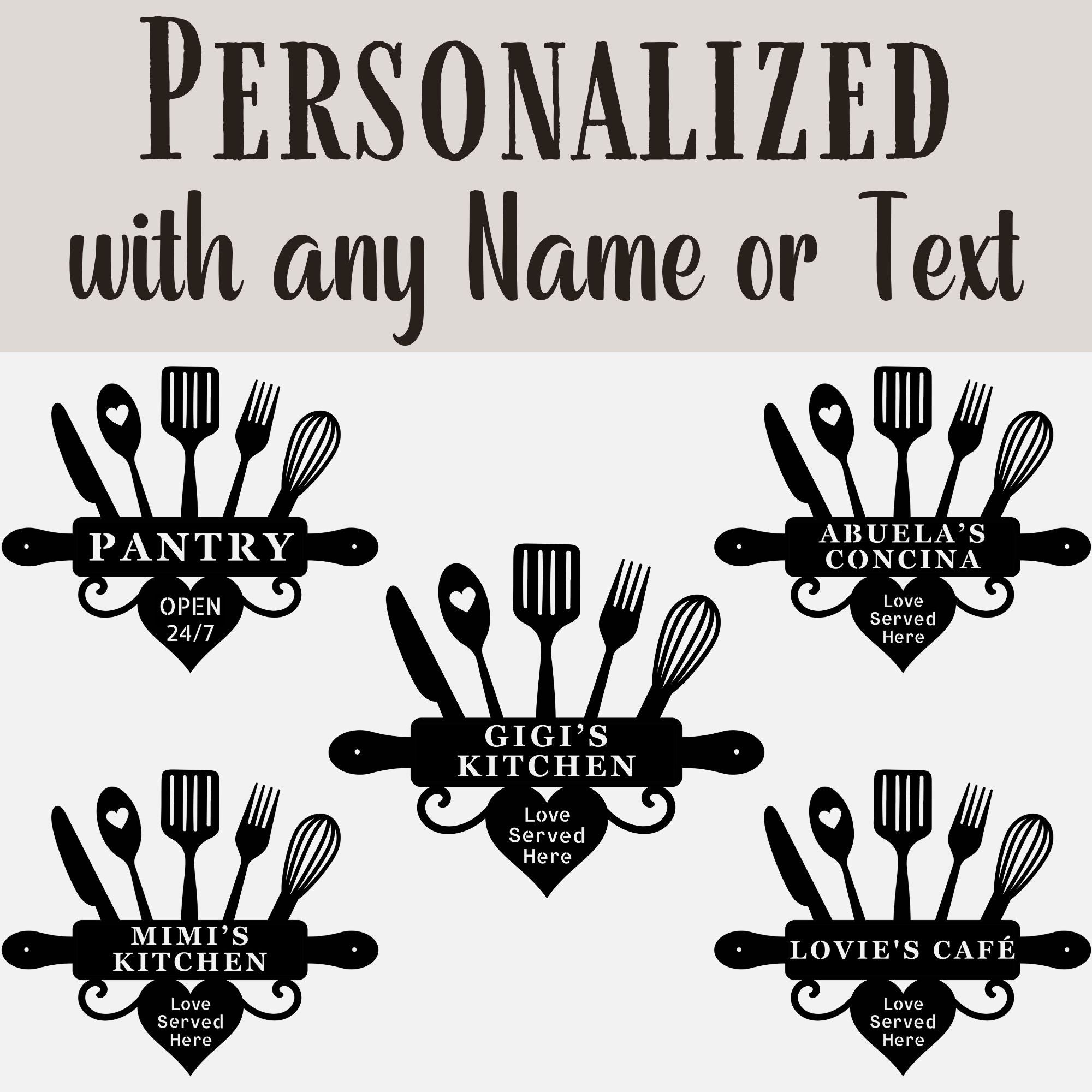 Set of personalized kitchen-themed signs with various names and text.