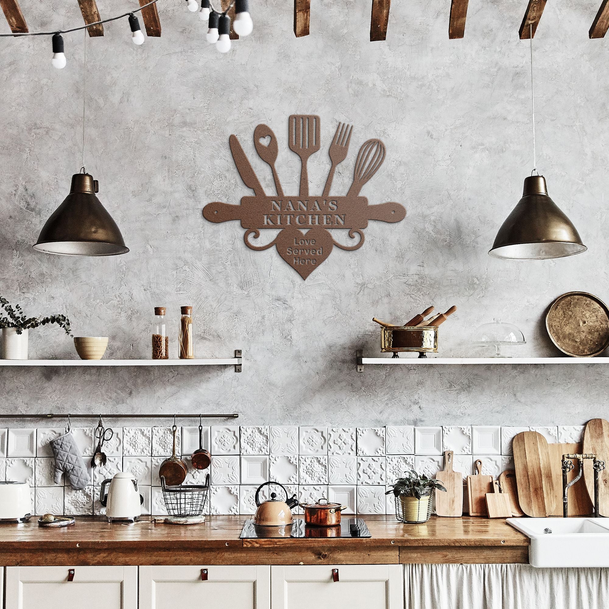 Modern kitchen with wooden countertops, shelves, and a decorative sign on the wall.