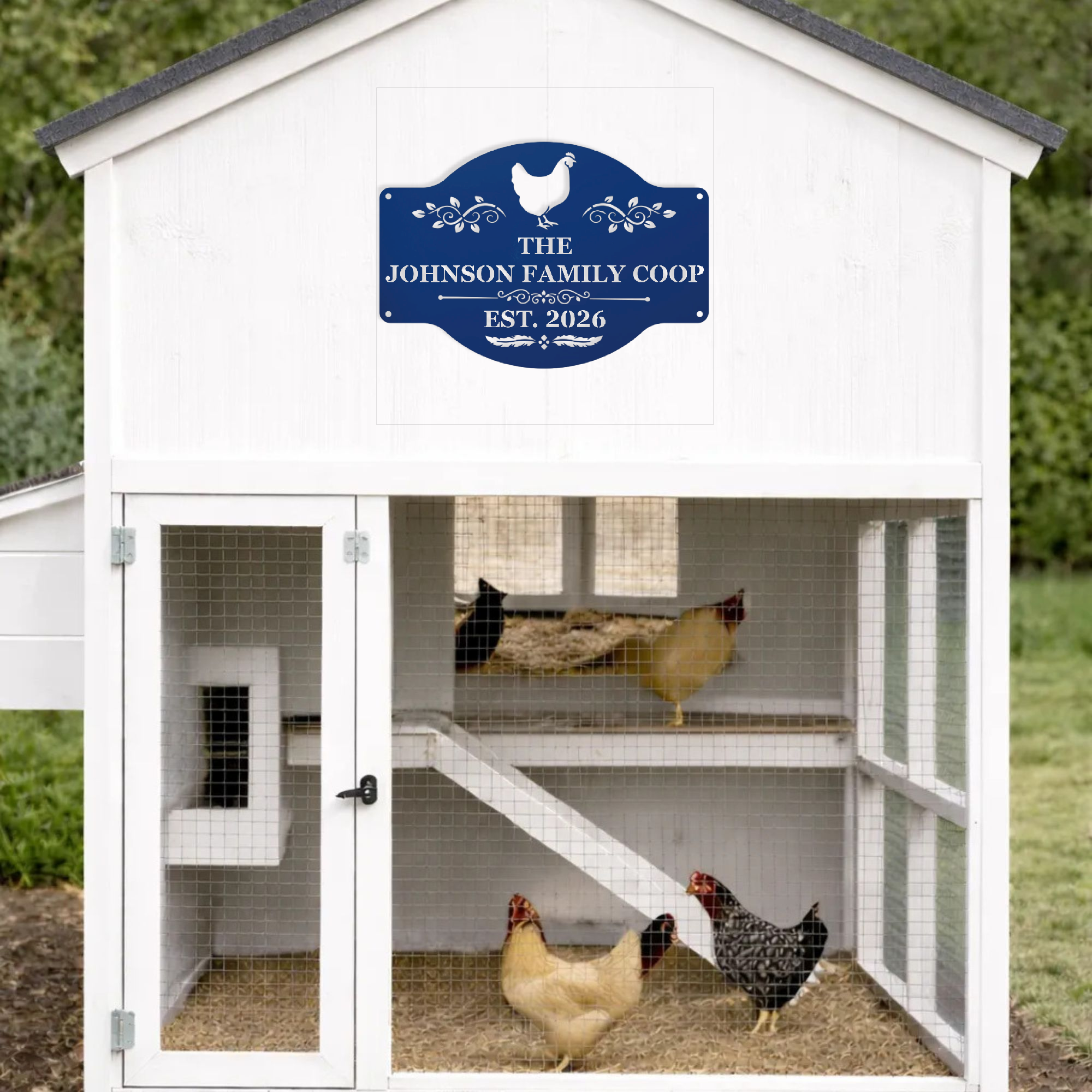 Personalized chicken coop decor made from durable metal for backyard farms