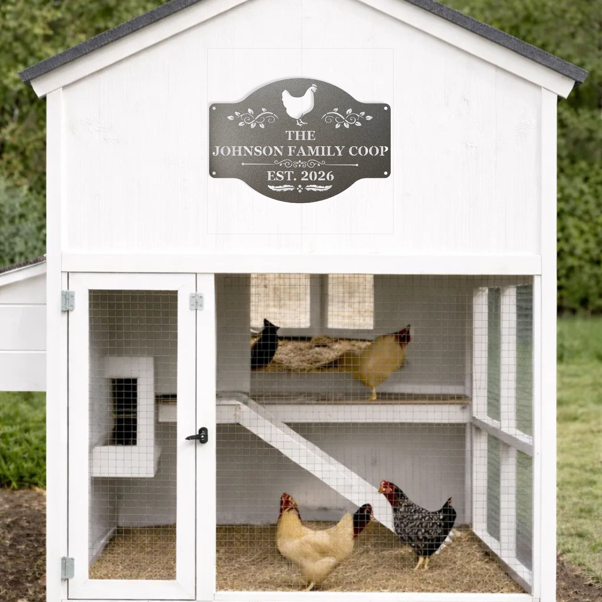 Custom farmhouse chicken coop sign for coop doors, fences, and barn walls
