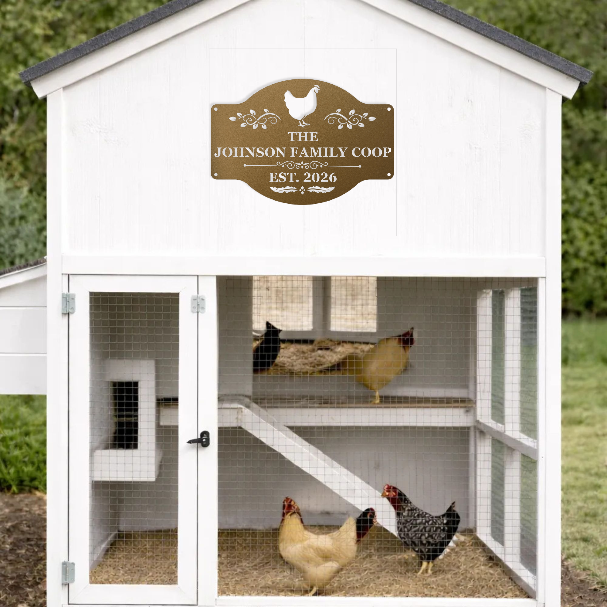 Custom metal sign for chicken lovers with personalized coop name