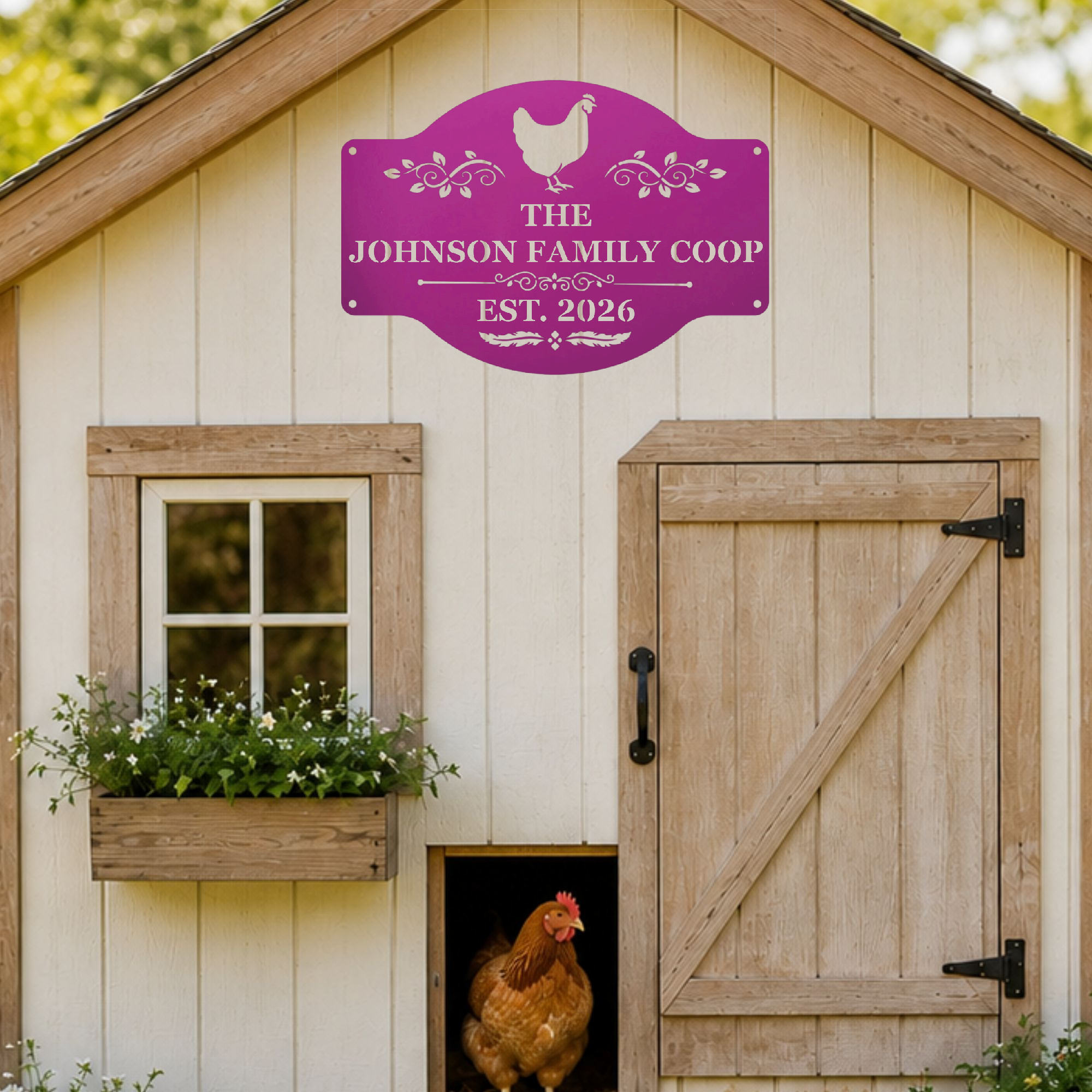 Custom outdoor chicken sign for farmhouse fences, coops, sheds, and barns