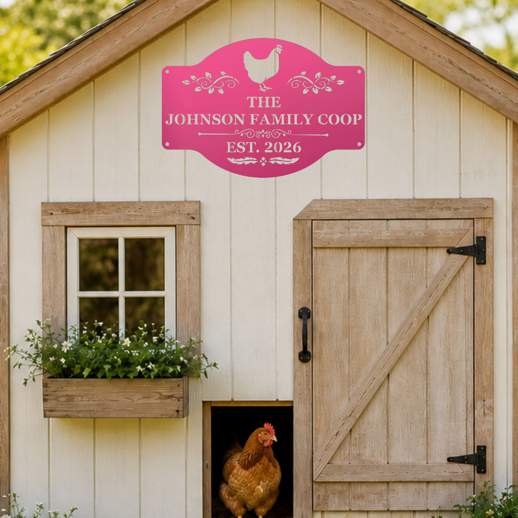 Personalized farmhouse chicken sign for coop door, gate, or garden wall