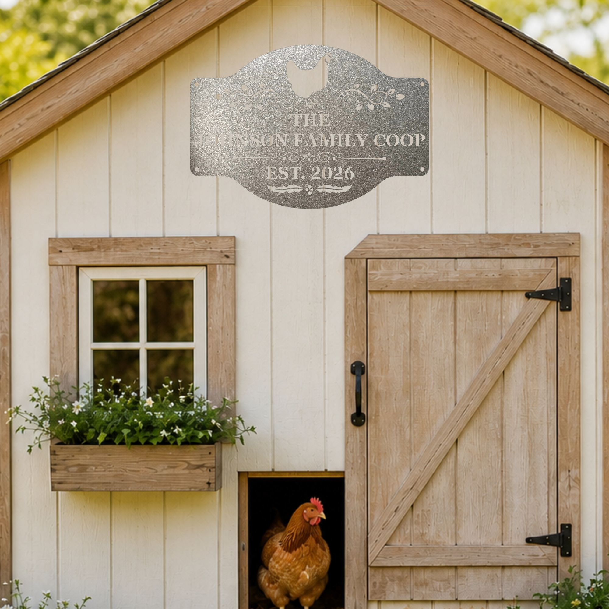 Personalized chicken keeper gift featuring a custom metal coop sign