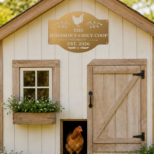Personalized backyard chicken coop sign with rustic country charm