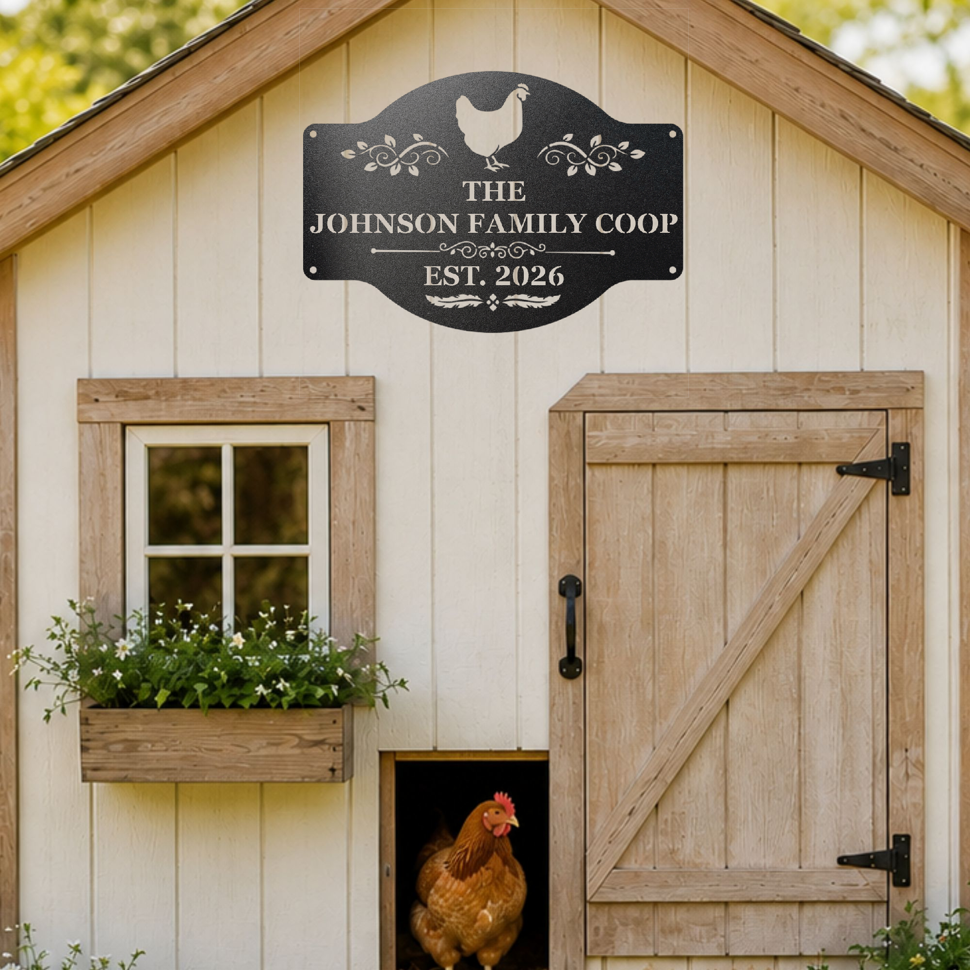 Personalized hen house sign for chicken coop door with rustic farmhouse style
