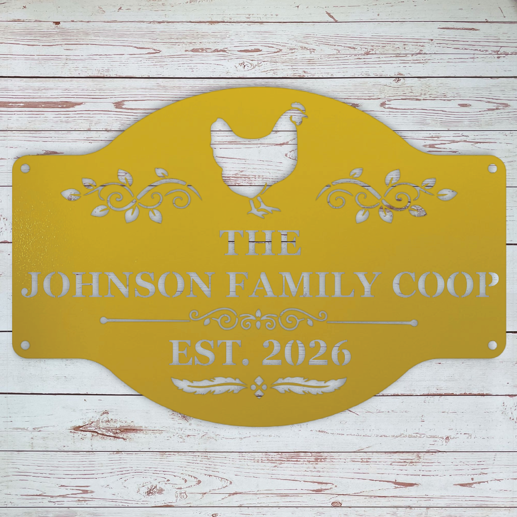 Personalized metal chicken coop sign available in multiple colors and sizes