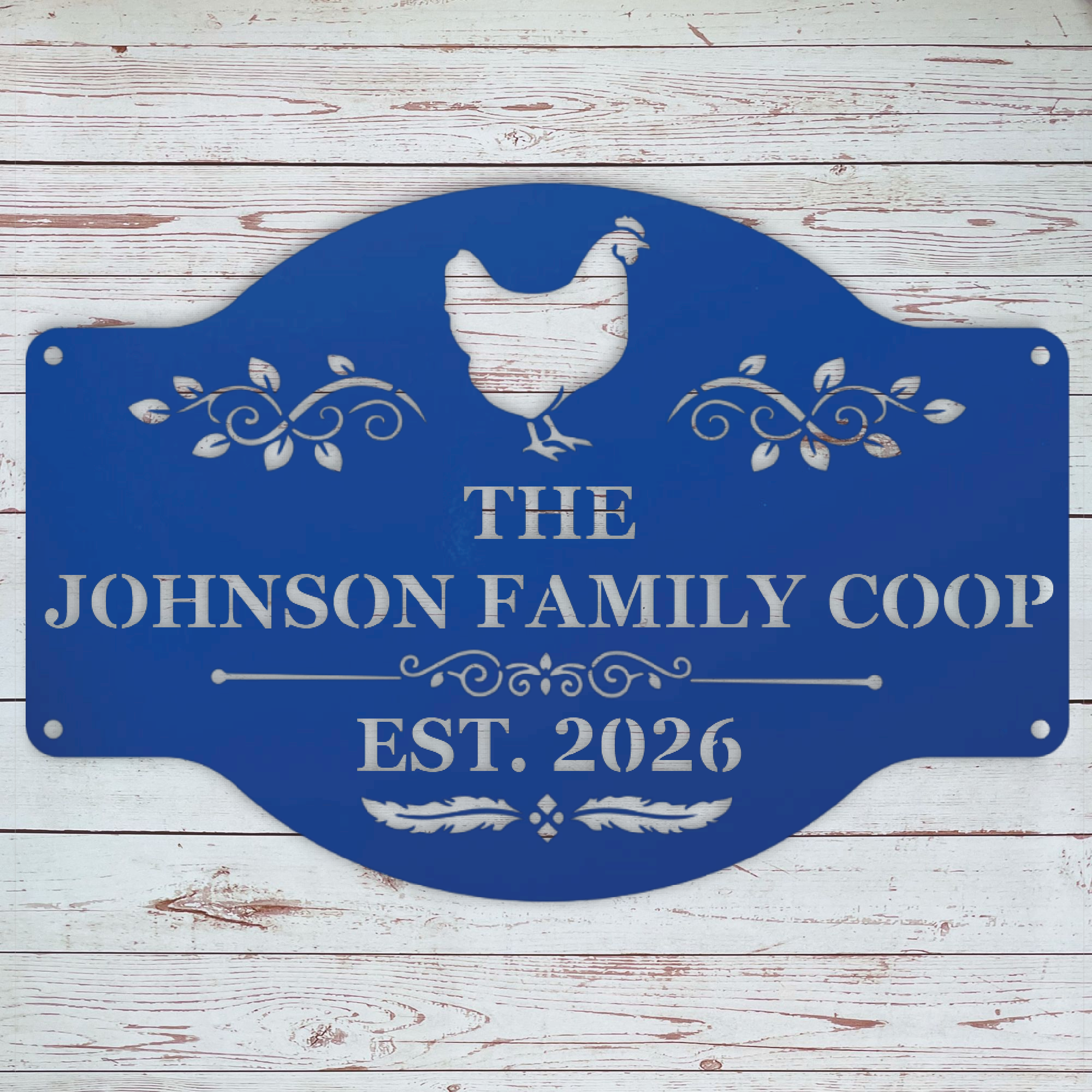 Outdoor-rated metal chicken coop sign with custom hen house name