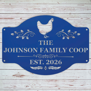 Outdoor-rated metal chicken coop sign with custom hen house name