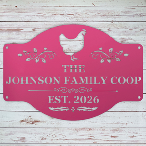 Backyard chicken coop sign with custom name and farmhouse-inspired design