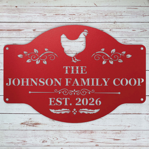 Rustic chicken coop sign personalized with custom text for a backyard flock