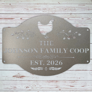 Personalized metal hen house sign with chicken illustration for outdoor display