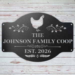 Personalized chicken coop sign with custom coop name and chicken design for farmhouse outdoor decor