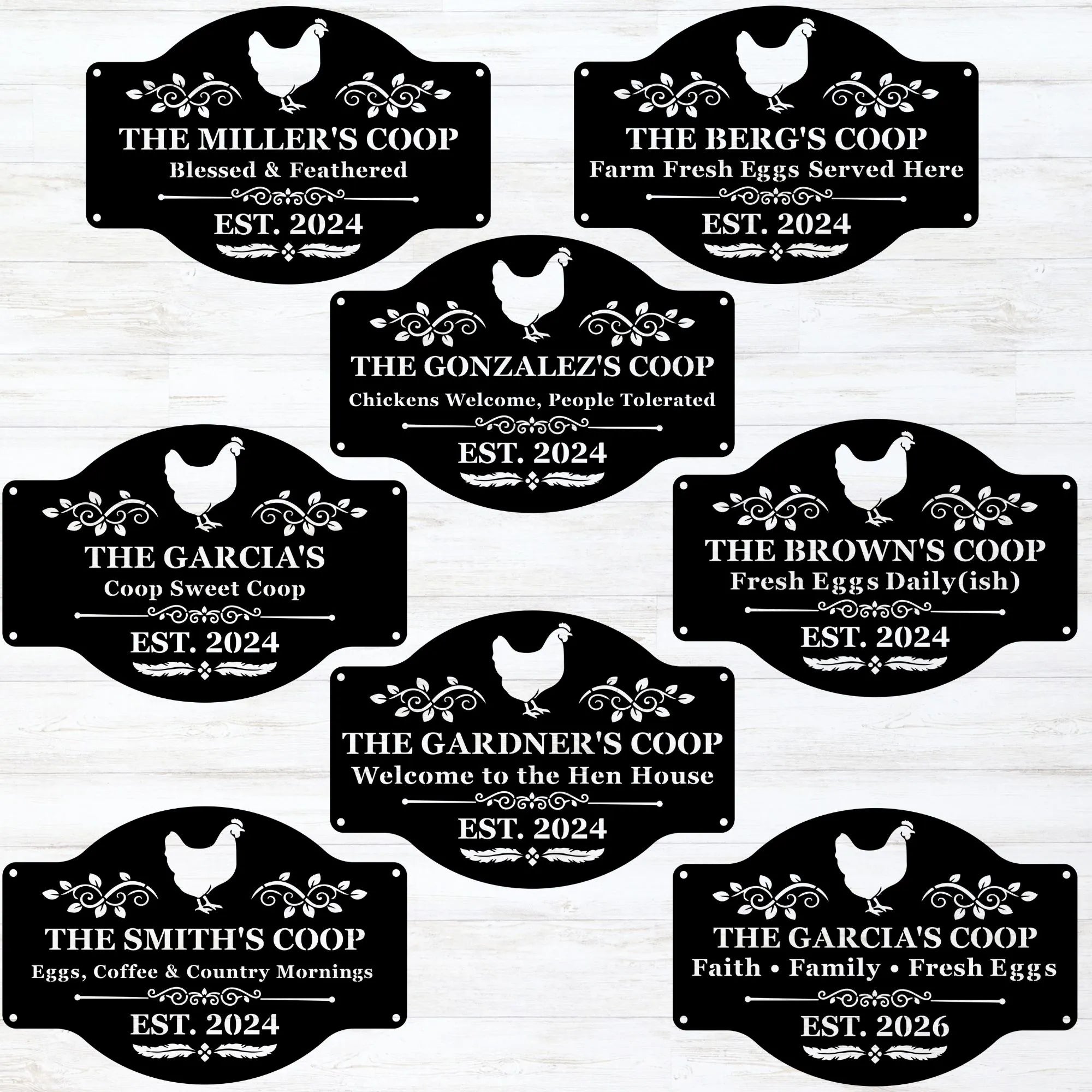 Set of personalized farm signs with chicken illustrations and text on a white background