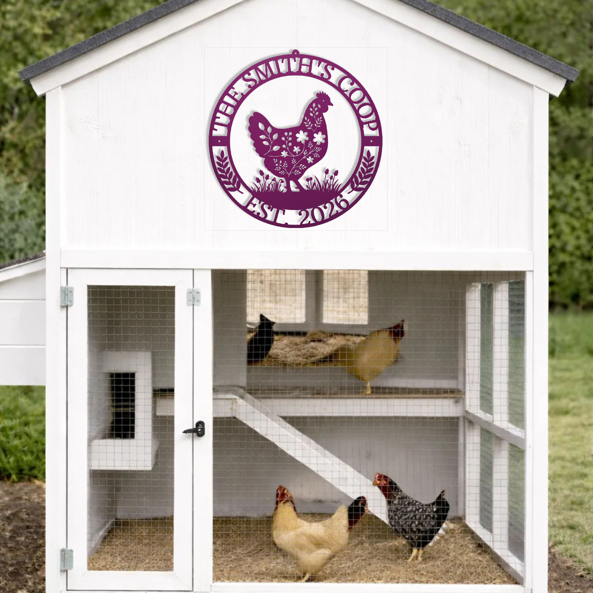 White chicken coop with a pink sign on the door, featuring chickens inside.