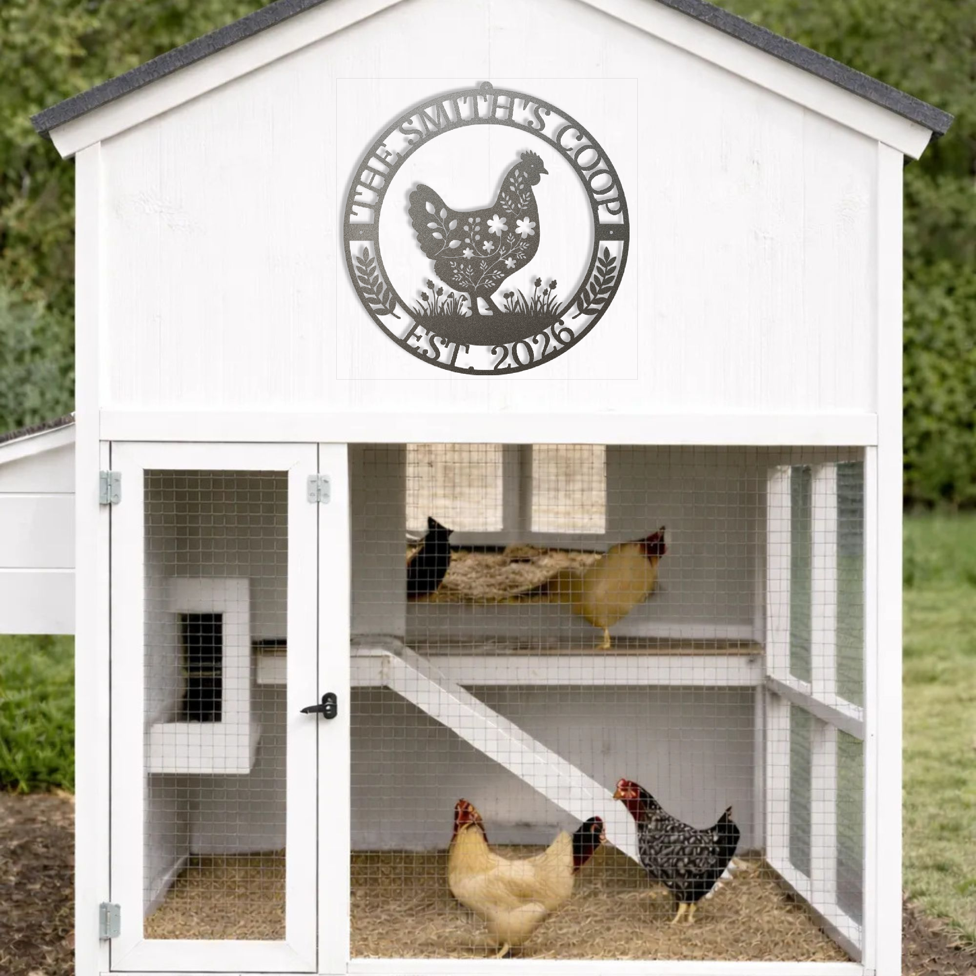 White chicken coop with a circular metal sign featuring a chicken design, and three chickens inside.