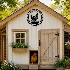 Custom Hen House Sign on a cute chicken coop with a chicken