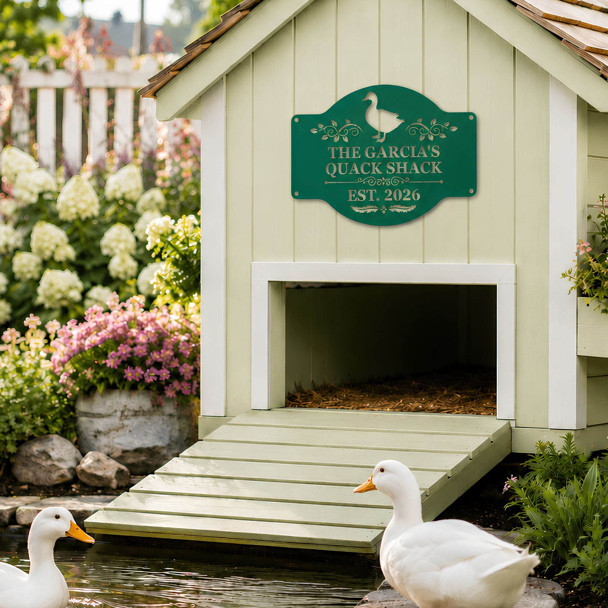 Personalized green metal duck house sign with see-through cutout lettering displayed on a pale green duck house beside a garden pond with white ducks and colorful flowers.