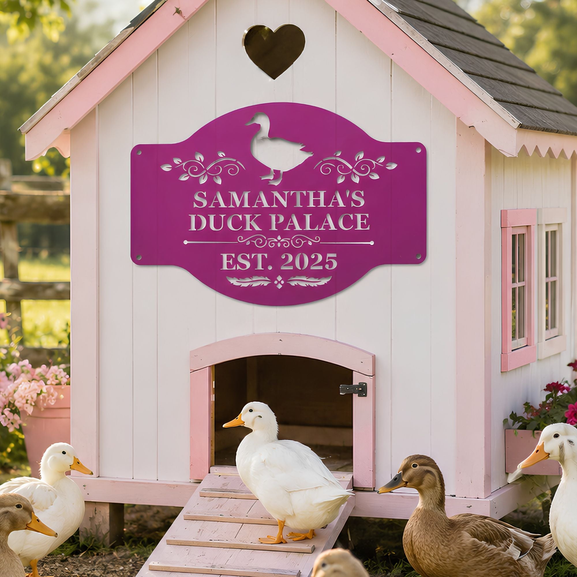 Personalized purple-pink metal duck house sign with see-through cutout lettering on a white and pink duck coop, surrounded by white and tan egg-laying ducks, flowers, and a rustic backyard fence.
