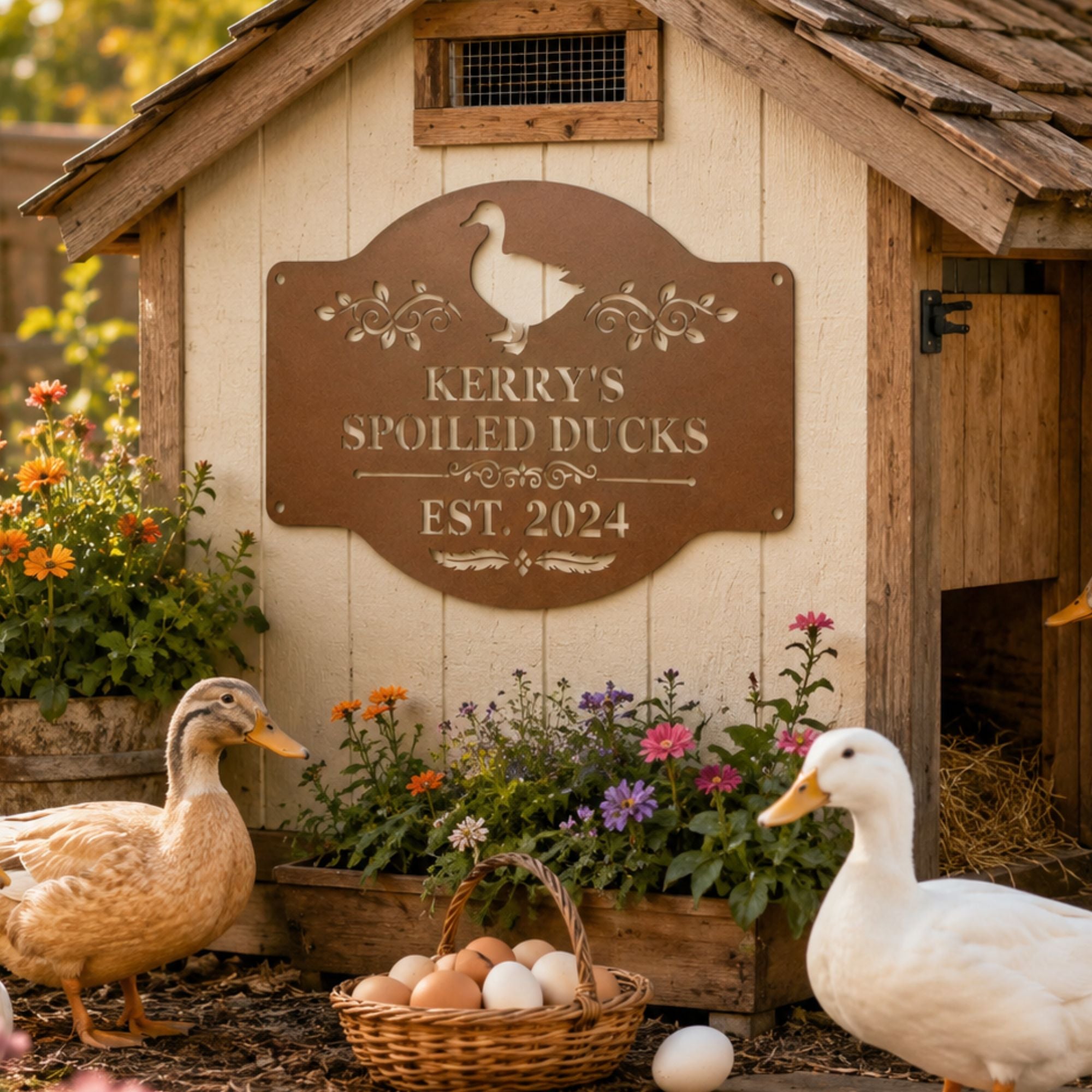 Copper personalized duck house sign with see-through cutout lettering mounted on a rustic cream duck coop, surrounded by white and buff egg-laying ducks, flowers, and a basket of fresh eggs.
