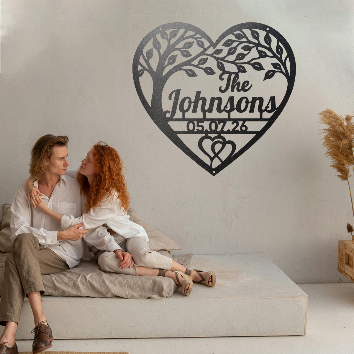 Personalized Metal Wall Art Family Tree Design Custom Heart Frame With Name Elegant Home Living Room Decoration Anniversary Gift Idea Metal Tree Art Piece Custom Date Engraving Beautiful Branch Pattern Meaningful Family Gift Heirloom