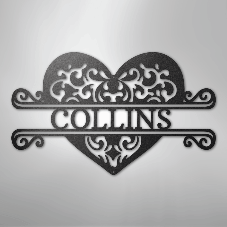 Black personalized heart monogram metal sign