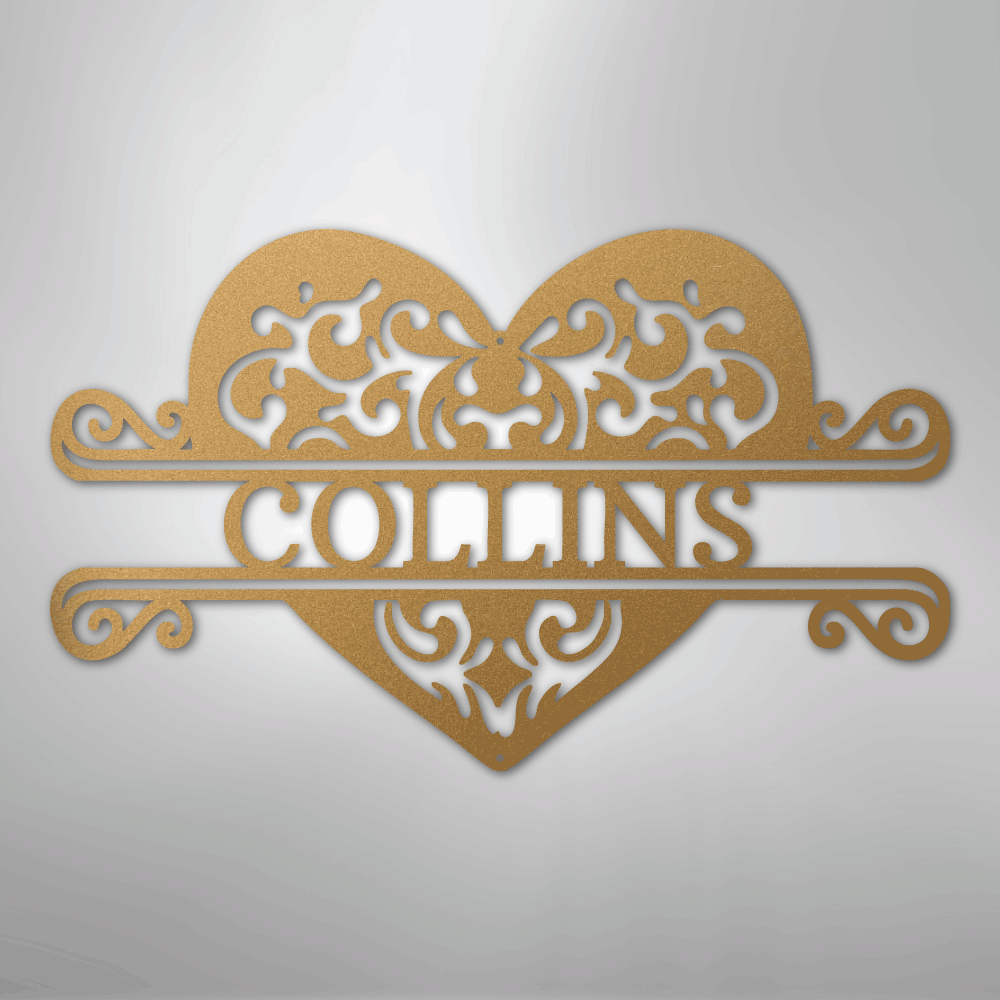 Heart monogram metal sign displayed outdoors gold color