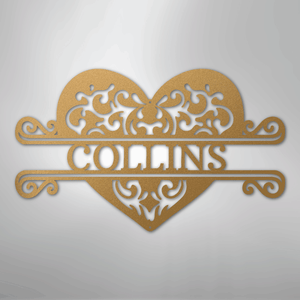 Heart monogram metal sign displayed outdoors gold color