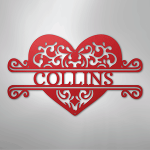 Close up of heart monogram metal sign detail