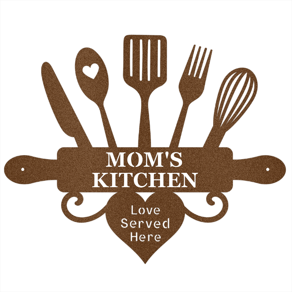 Decorative sign with kitchen utensils and 'Mom's Kitchen Love Served Here' text on a white background