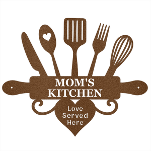 Decorative sign with kitchen utensils and 'Mom's Kitchen Love Served Here' text on a white background