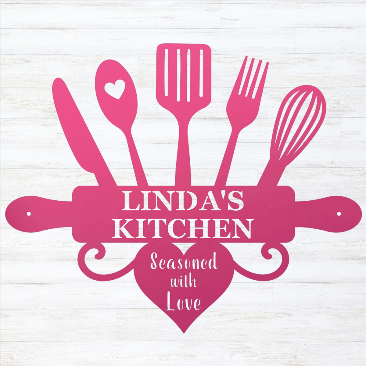 A pink kitchen-themed graphic with utensil silhouettes and a rolling pin, featuring the text 'LINDA'S KITCHEN' and 'Seasoned with Love' on a white wood-plank background.
