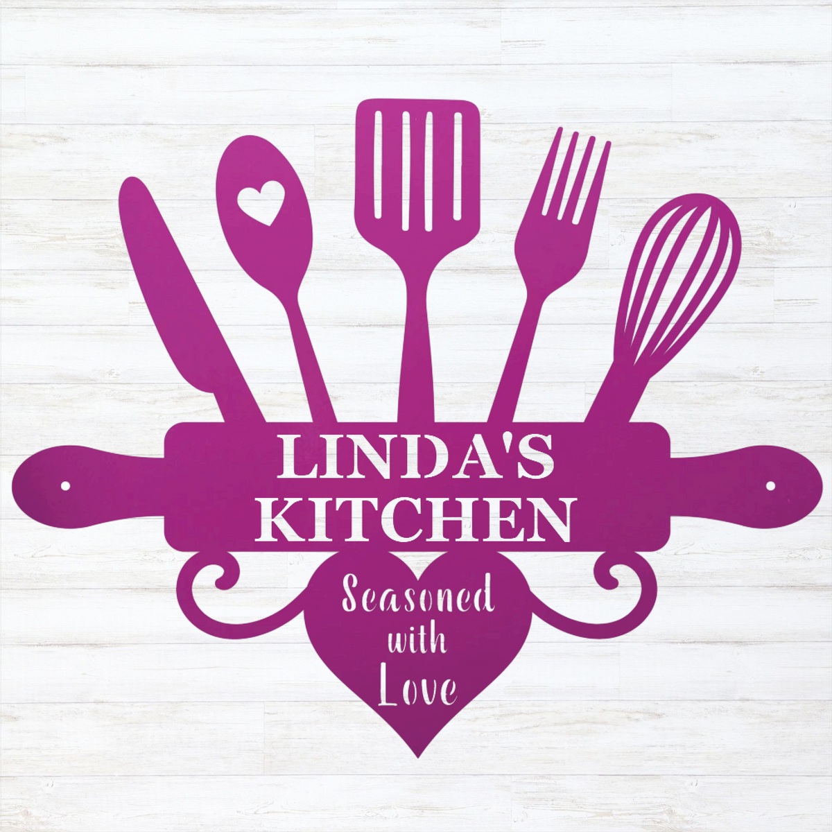 A purple kitchen-themed graphic with utensil silhouettes and the text 'LINDA'S KITCHEN' and 'Seasoned with Love' on a white wood background.