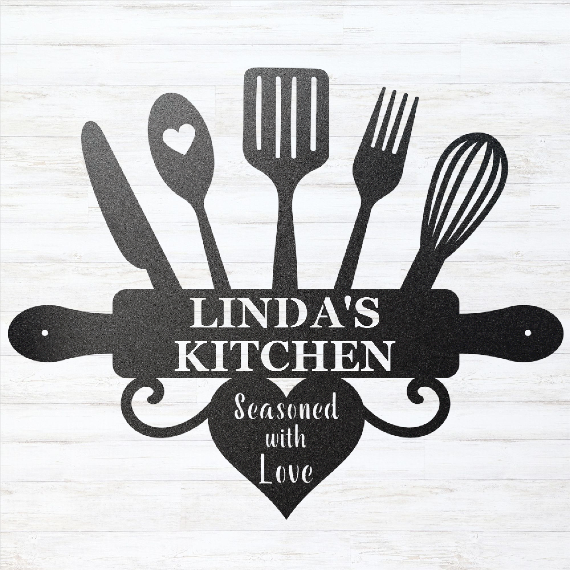 Personalized kitchen sign with custom name and Seasoned with Love design