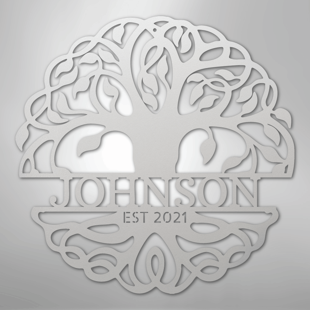 Personalized Decorative metal wall art with a tree on a silver background