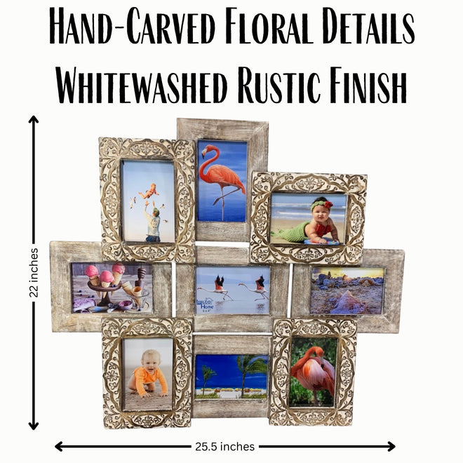 hand-carved wooden 9 photo collage frame with whitewashed finish